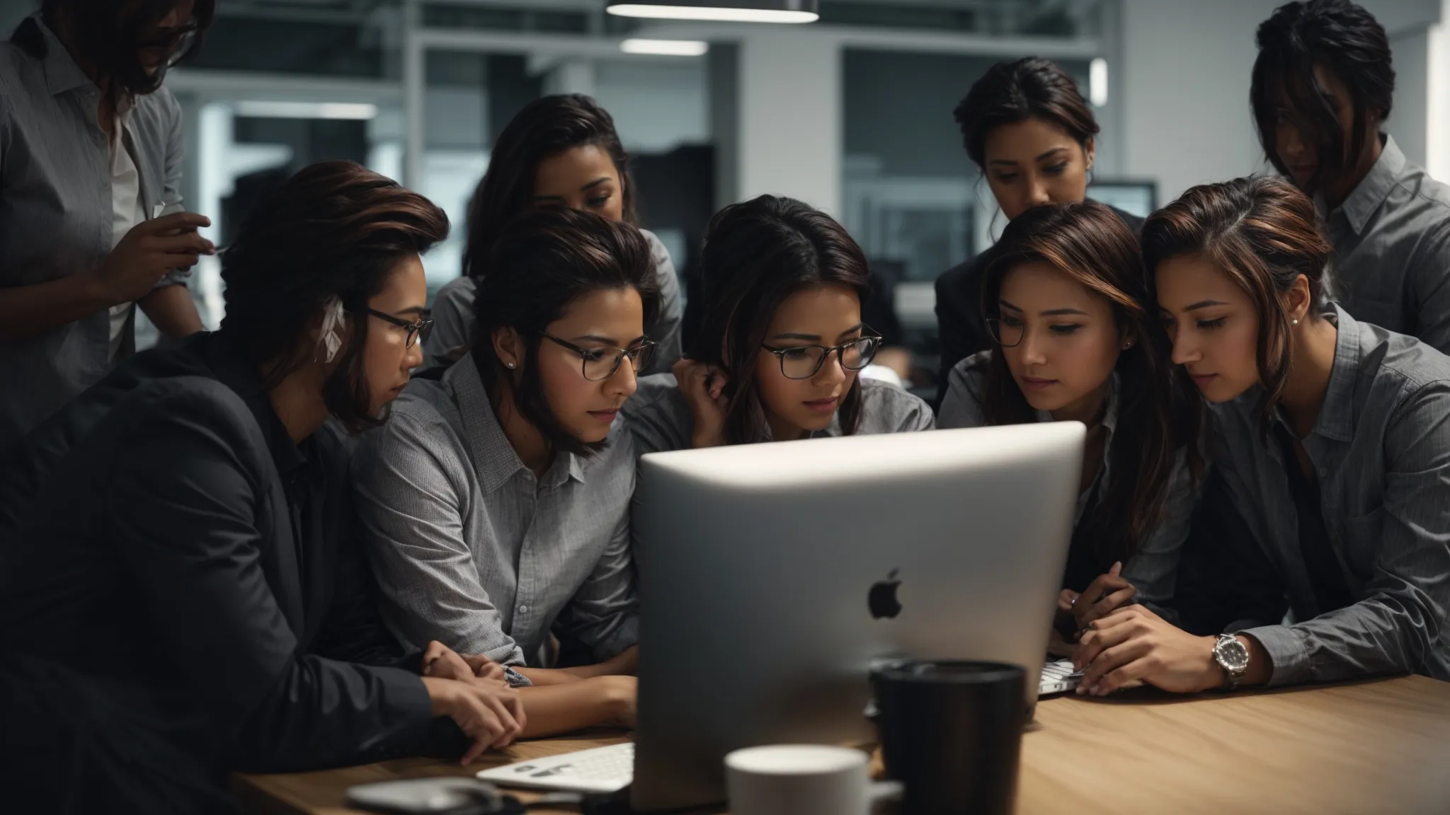 a marketing team huddles around a computer in a modern office, analyzing website analytics graphs.