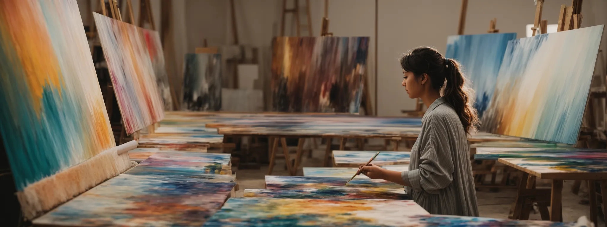 a painter showcasing an array of vibrant, freshly painted canvases in a well-lit, organized online gallery.