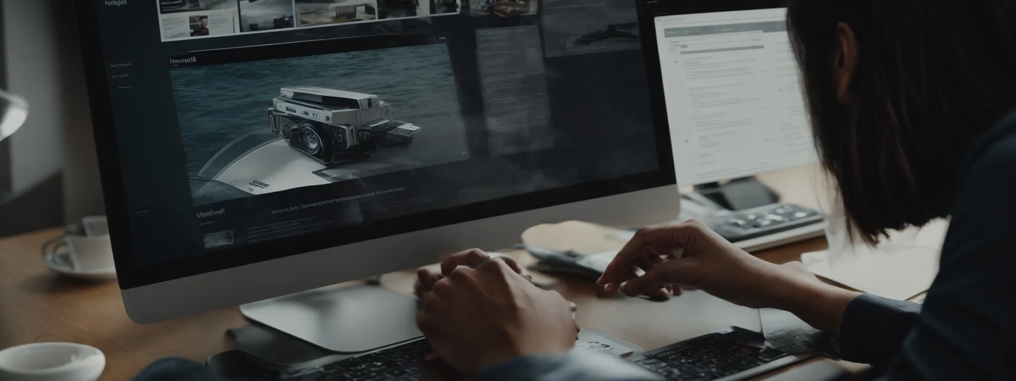 a person analyzing a computer screen displaying a modern, streamlined website homepage with clear navigation options.