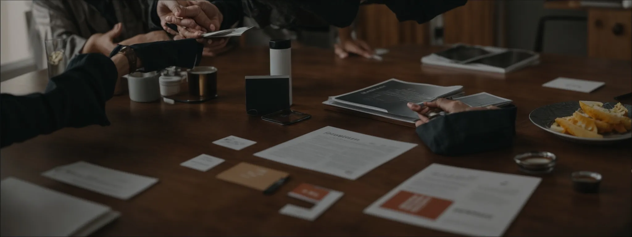 a business owner and supplier shake hands across a table, with product samples and a clipboard placed in between them.