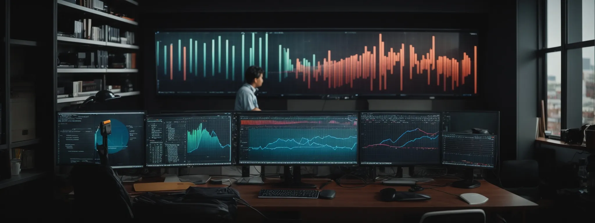 a person sits at a modern workspace with dual monitors displaying colorful graphs and charts.