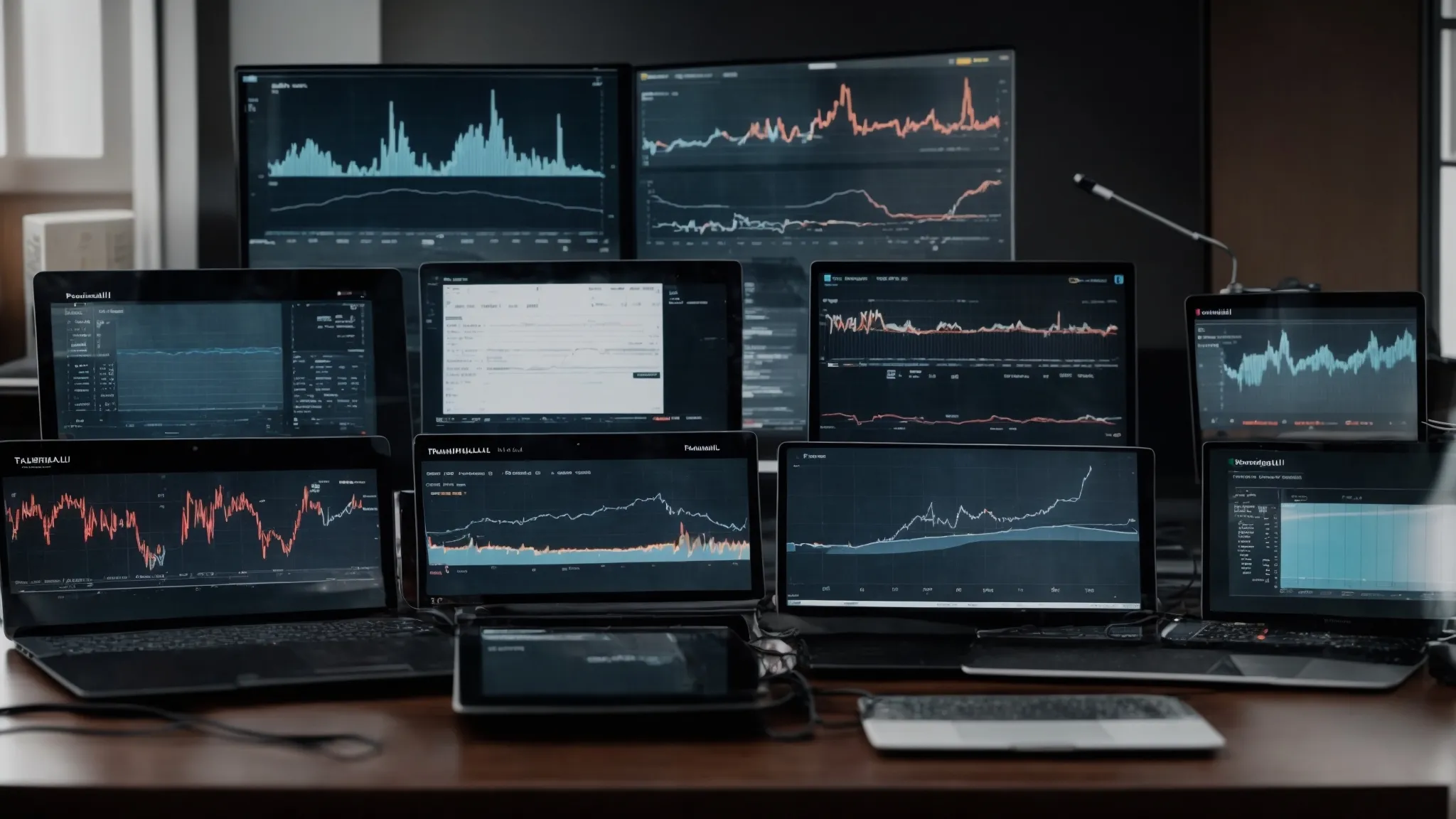 an array of digital devices displaying charts and graphs on screens with a clear backdrop.