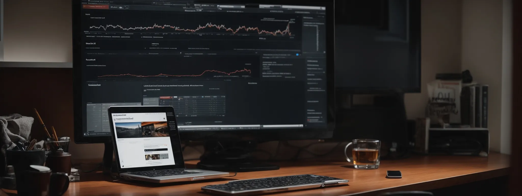 a laptop on a desk displaying a website's optimization dashboard amidst seo analytics and performance graphs.