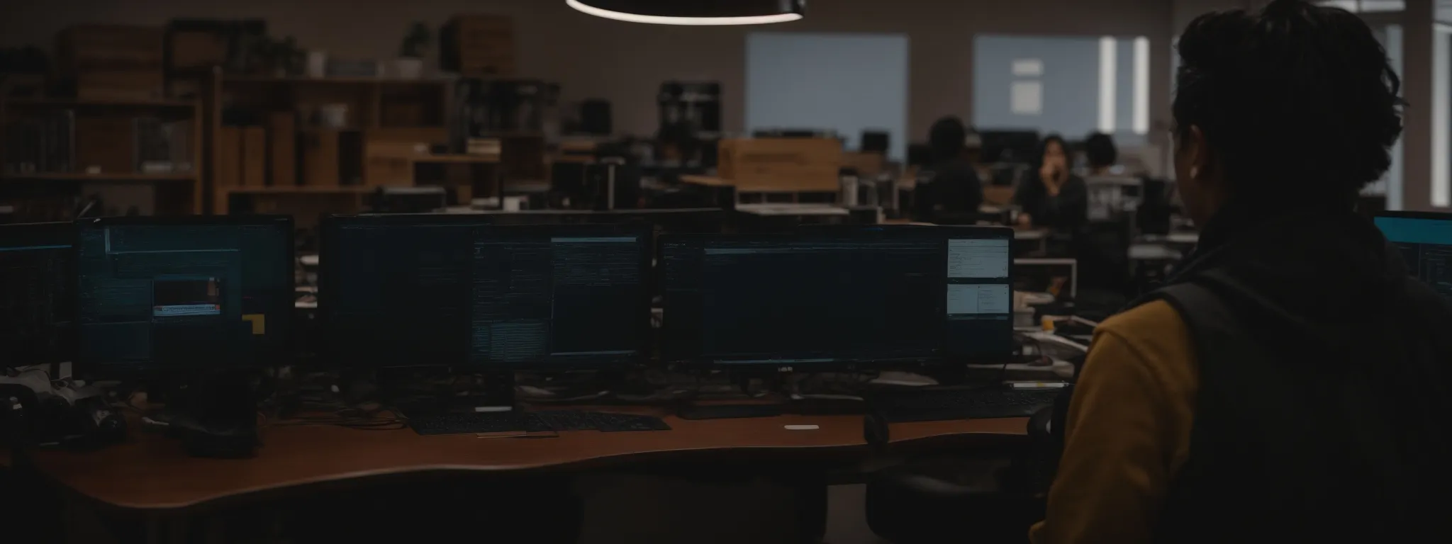 a student engages with a digital marketing platform on a computer in a creative workspace.