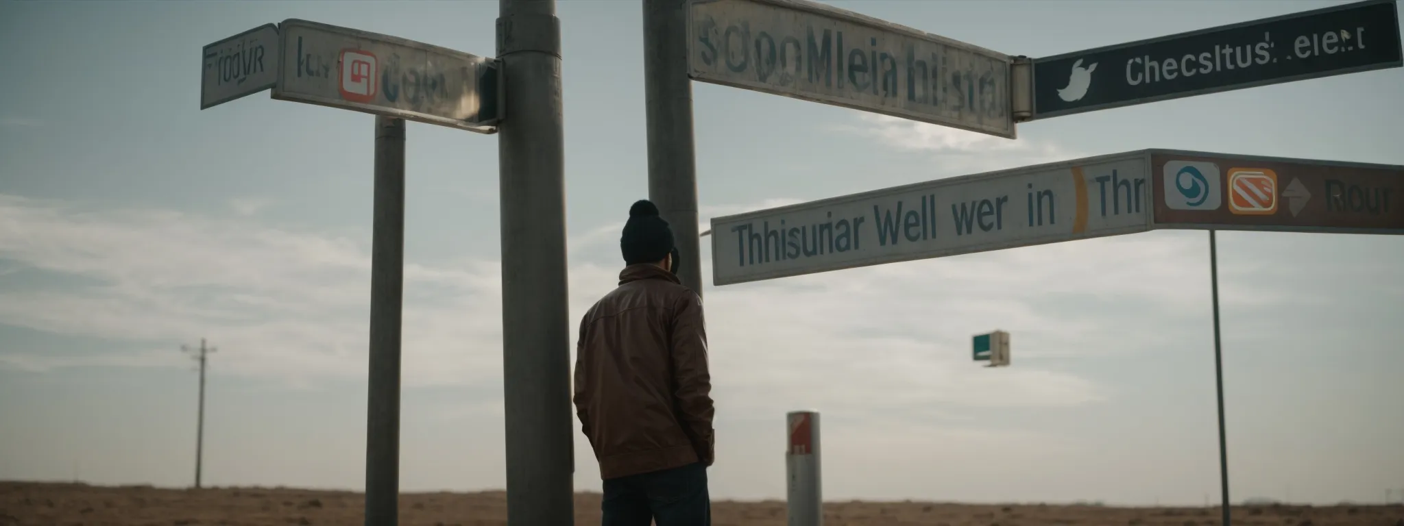 a person standing at a crossroad signpost with paths leading to icons representing different social media platforms.