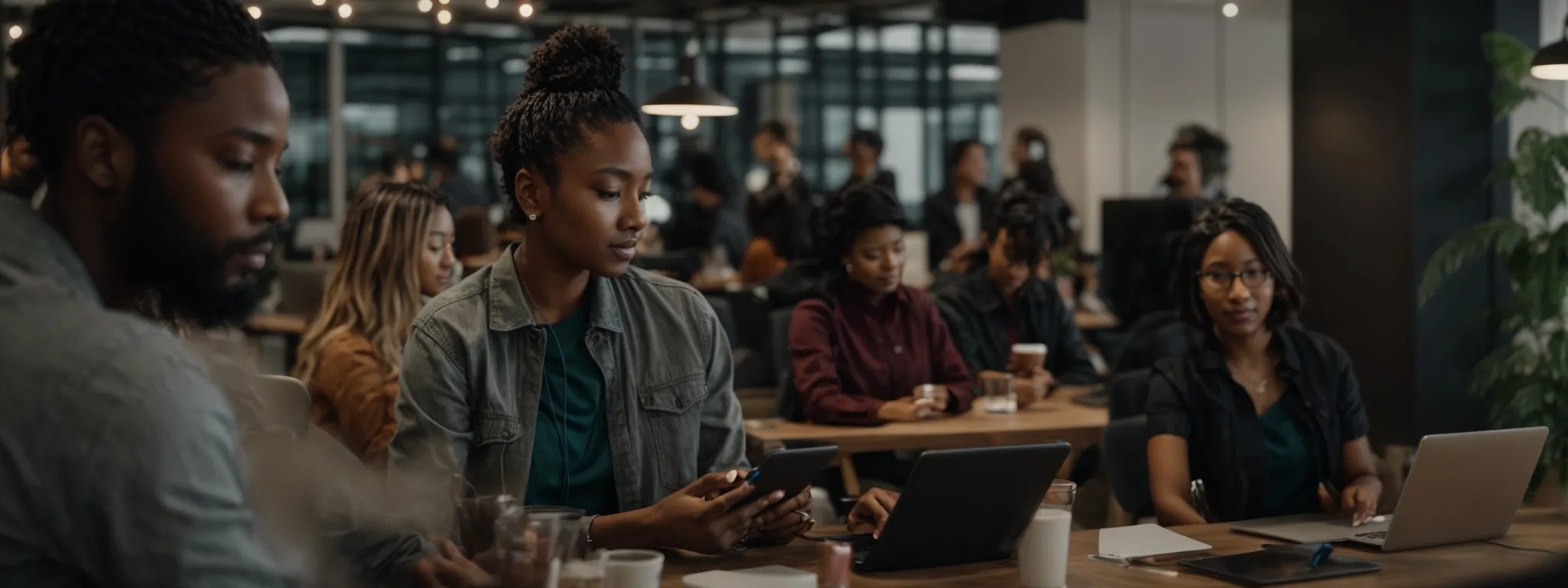 Large group of people working and talking at shared tables in a modern office space, using laptops and smartphones, with coffee cups on the tables.