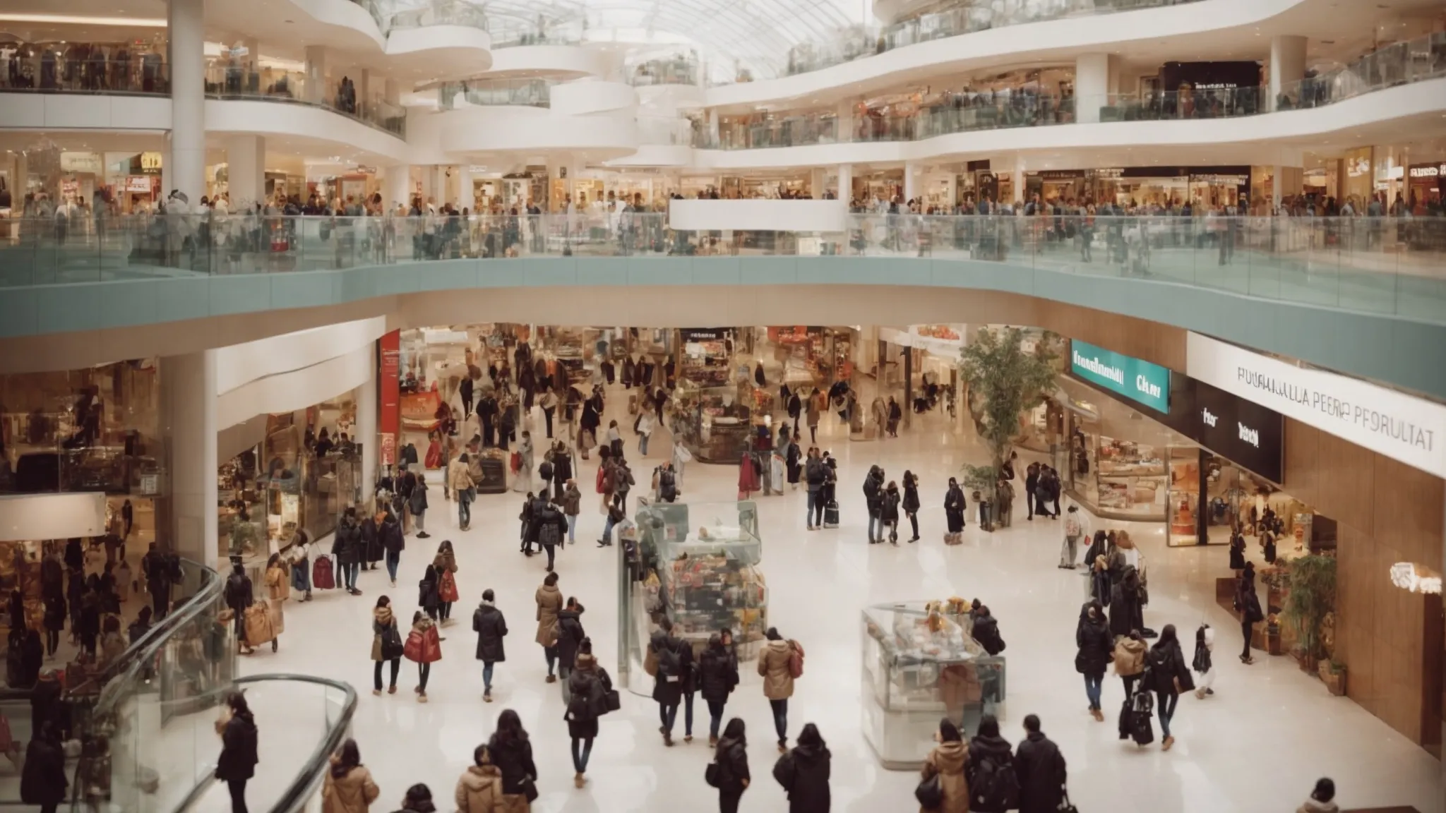 a bustling shopping mall with people browsing numerous product displays.