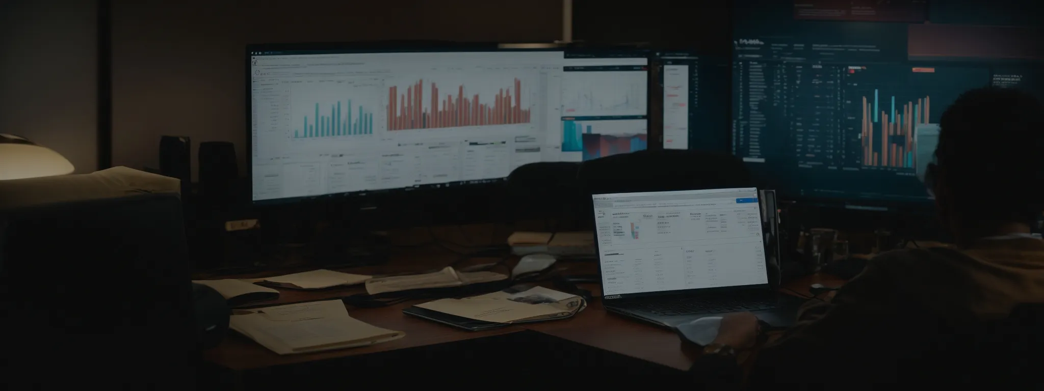 a person sits in front of a computer with marketing analytics on the screen, reviewing notes for a job interview.