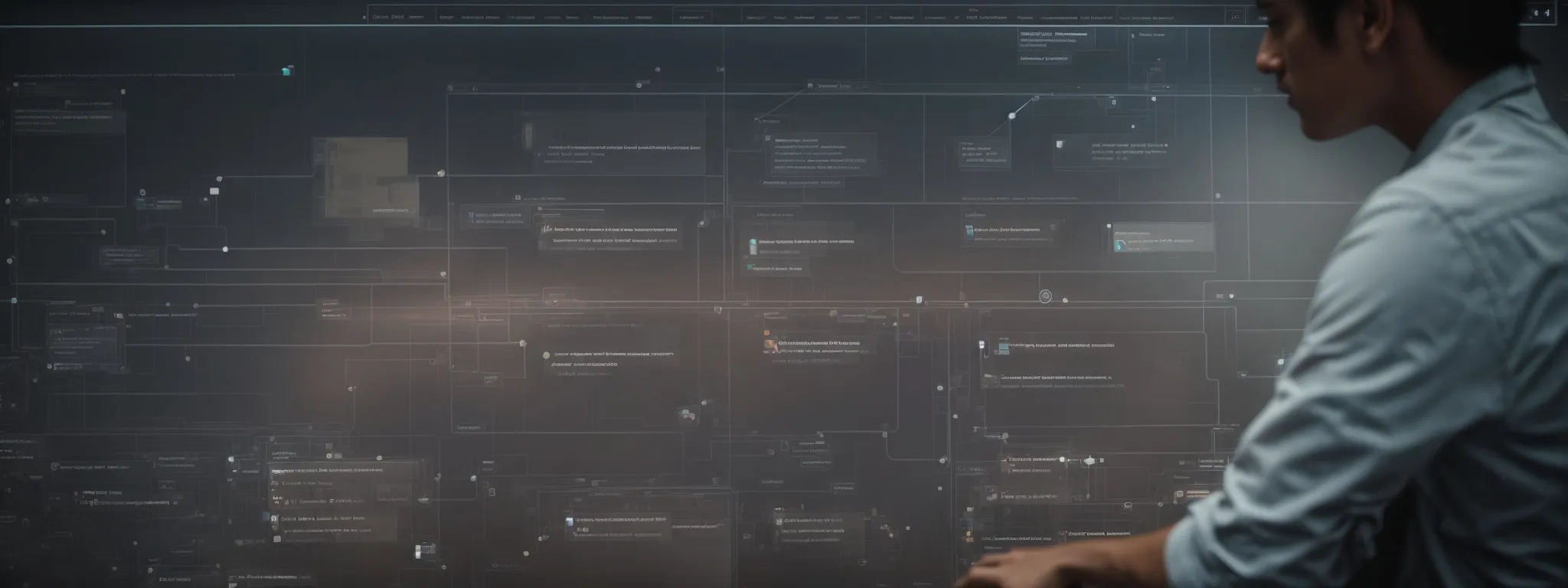 a web designer is seen overseeing a large, interactive flowchart representing a website's streamlined and user-friendly navigation structure.