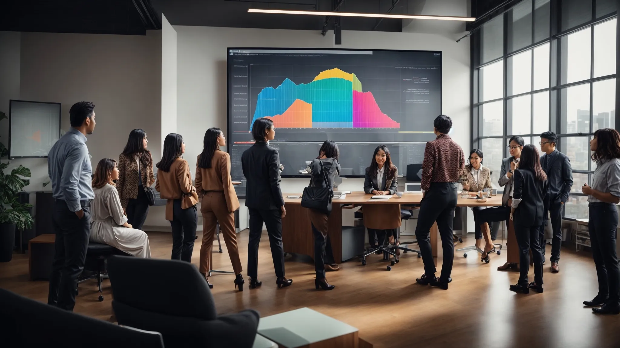a diverse group of marketers gathered around a large screen displaying colorful graphs and analytics in a modern office.