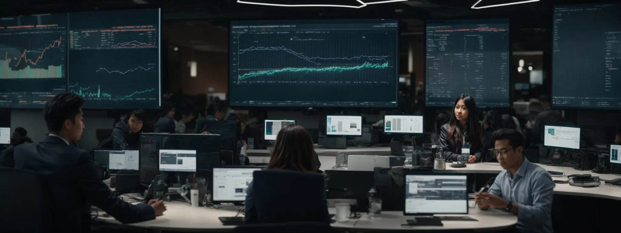 a digital marketing team reviews seo analytics on a large screen displaying complex data visualizations.