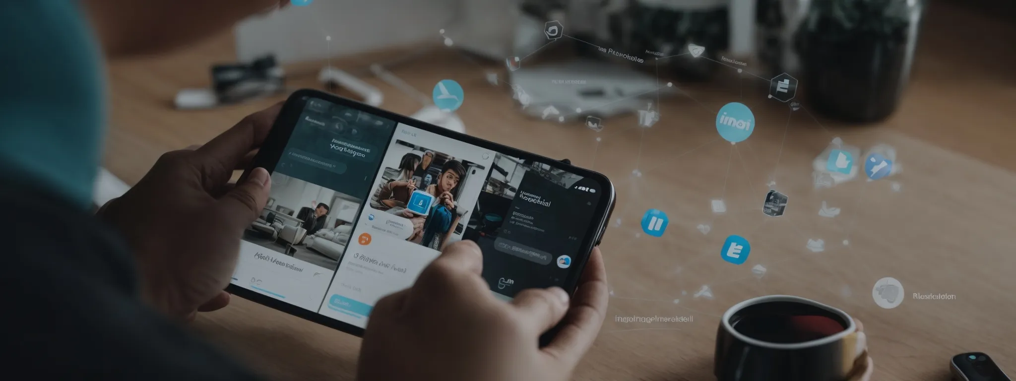 a person engages with a smartphone displaying various social media applications amidst marketing analytics charts and a funnel diagram.