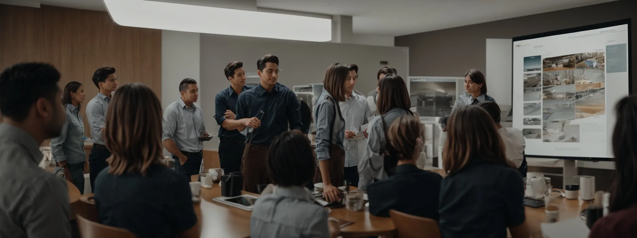 a group of attentive small business owners gathers around a presentation screen, where a professional from LinkGraph explains seo strategies.