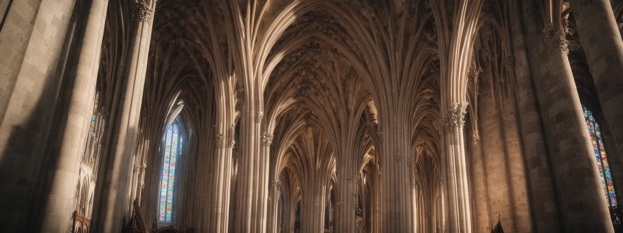a serene image of a grand cathedral's gothic arches soaring towards the sky, symbolically representing the foundational strength and aesthetic elegance of seo architecture.