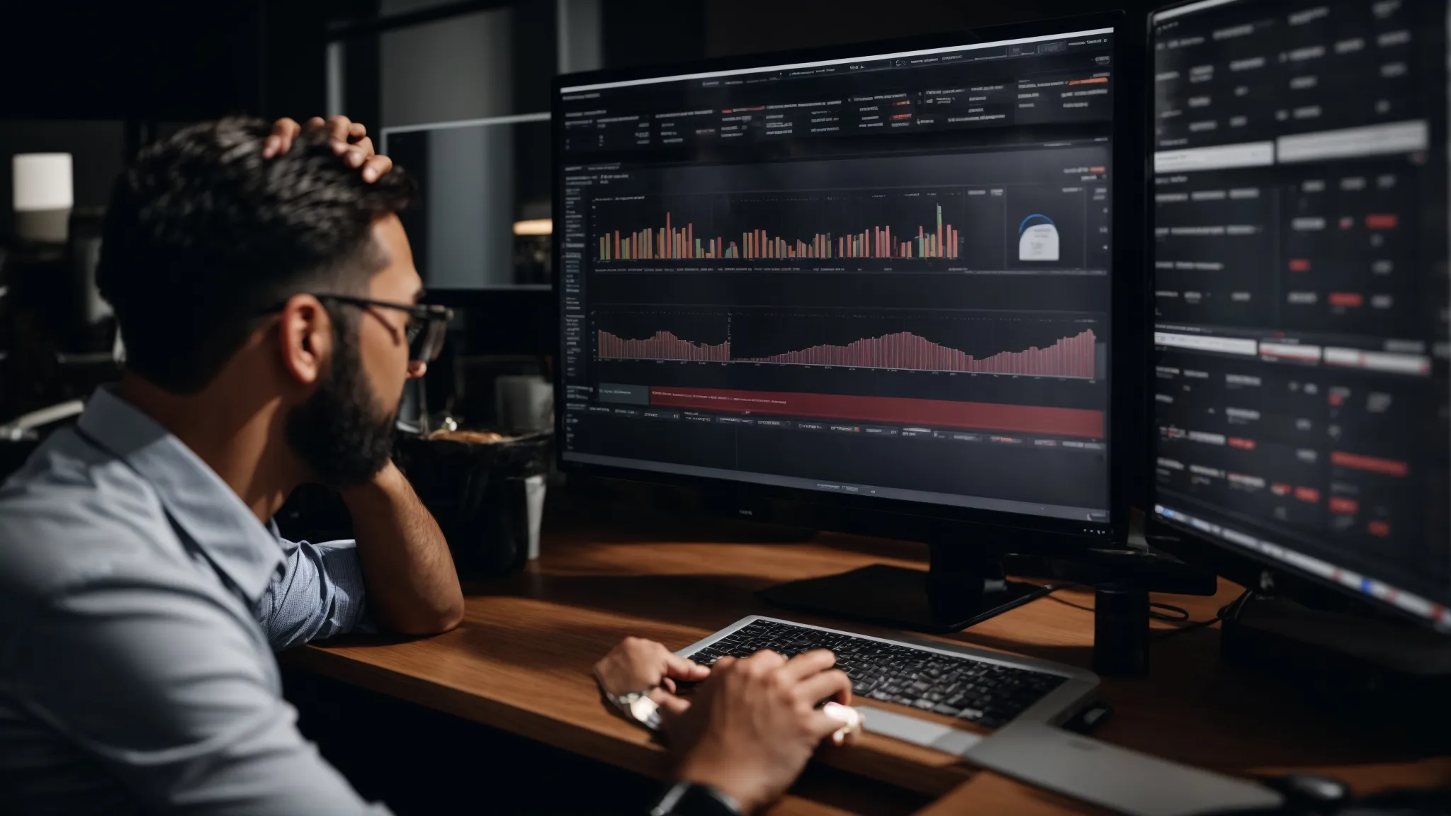 an entrepreneur reviews a complex analytics dashboard on a computer screen, reflecting a diverse digital marketing strategy.