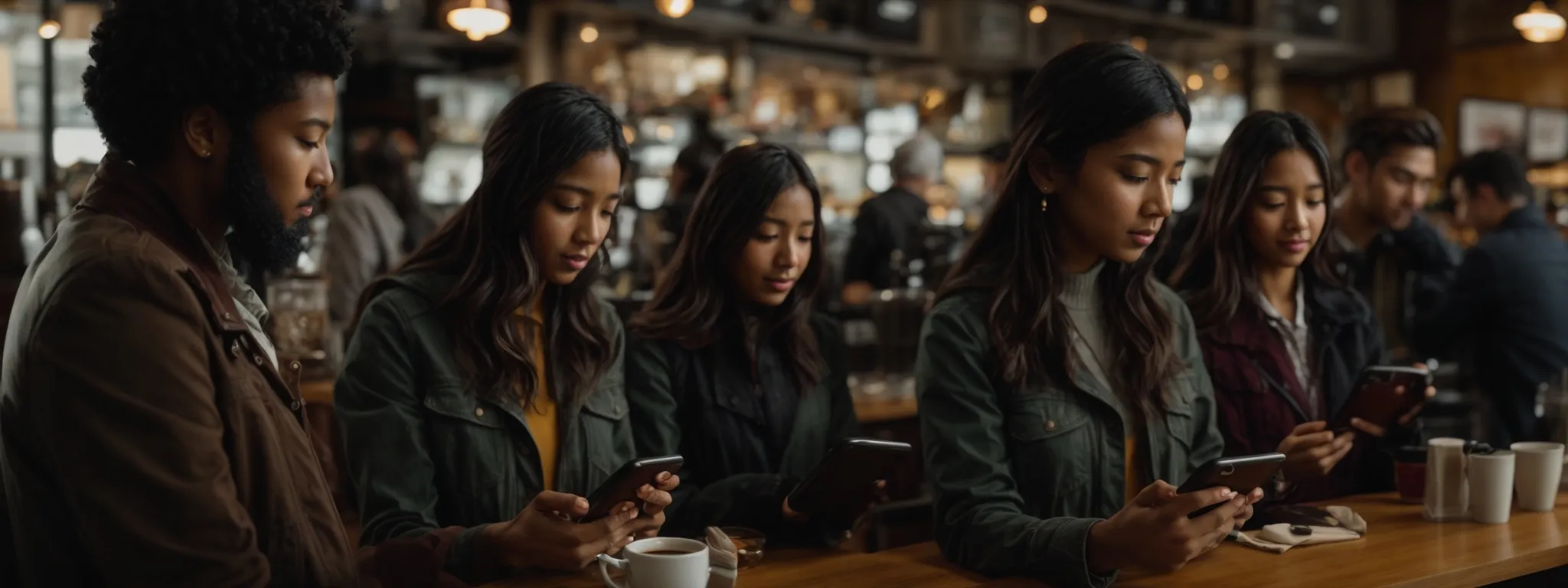 a diverse group of people engaging with posts on their smartphones and tablets in a bustling coffee shop.