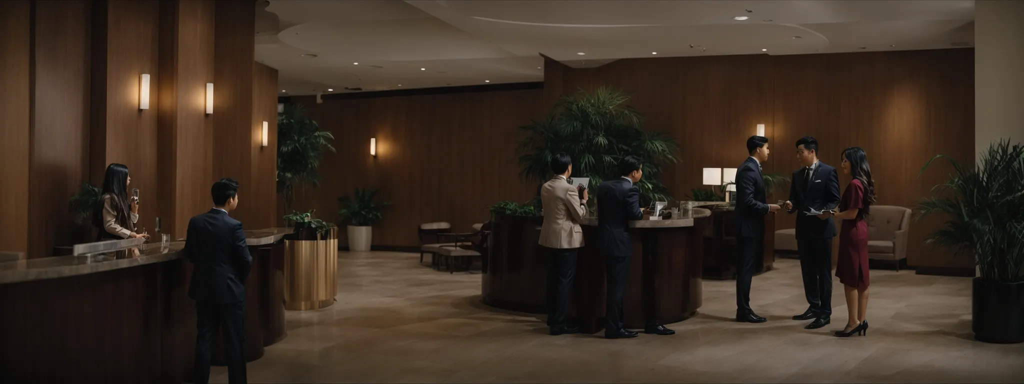 a hotel's elegant lobby filled with guests checking in and interacting with a welcoming receptionist.