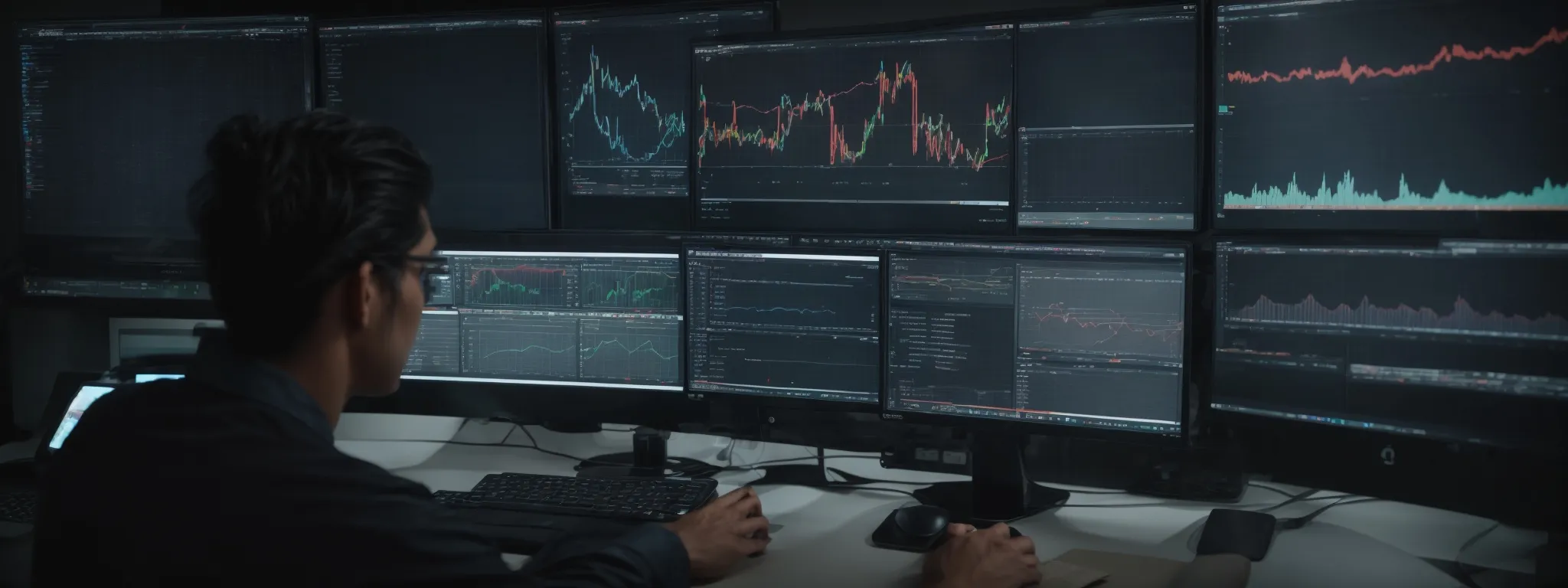 a person working on a computer with multiple graphs and analytics data on the screen, indicative of seo strategy planning.