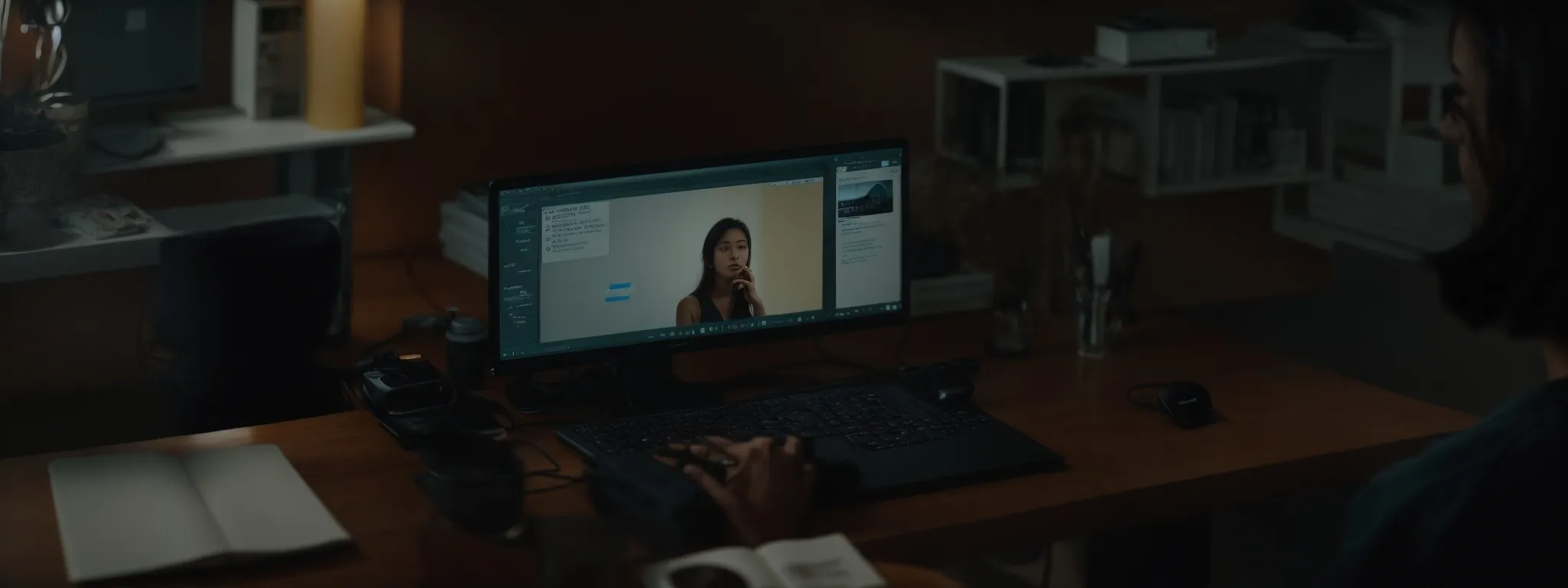 a person seated at a computer with twitter open, strategically typing a message to optimize for search engines.