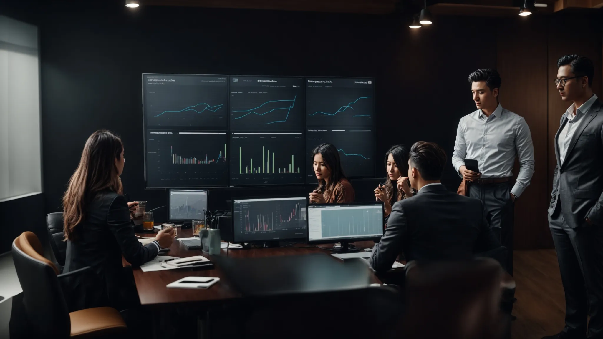 a group of marketers brainstorming around a digital dashboard displaying analytics and trends.