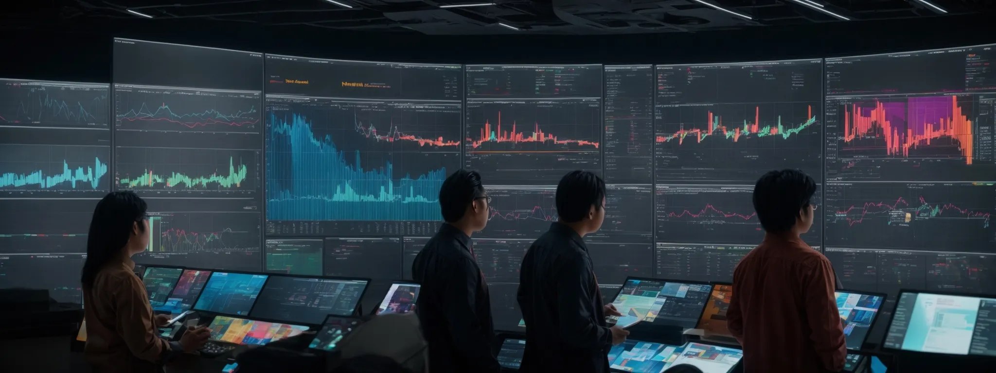 a diverse group of individuals collaboratively engages with interactive screens displaying colorful graphs and charts.