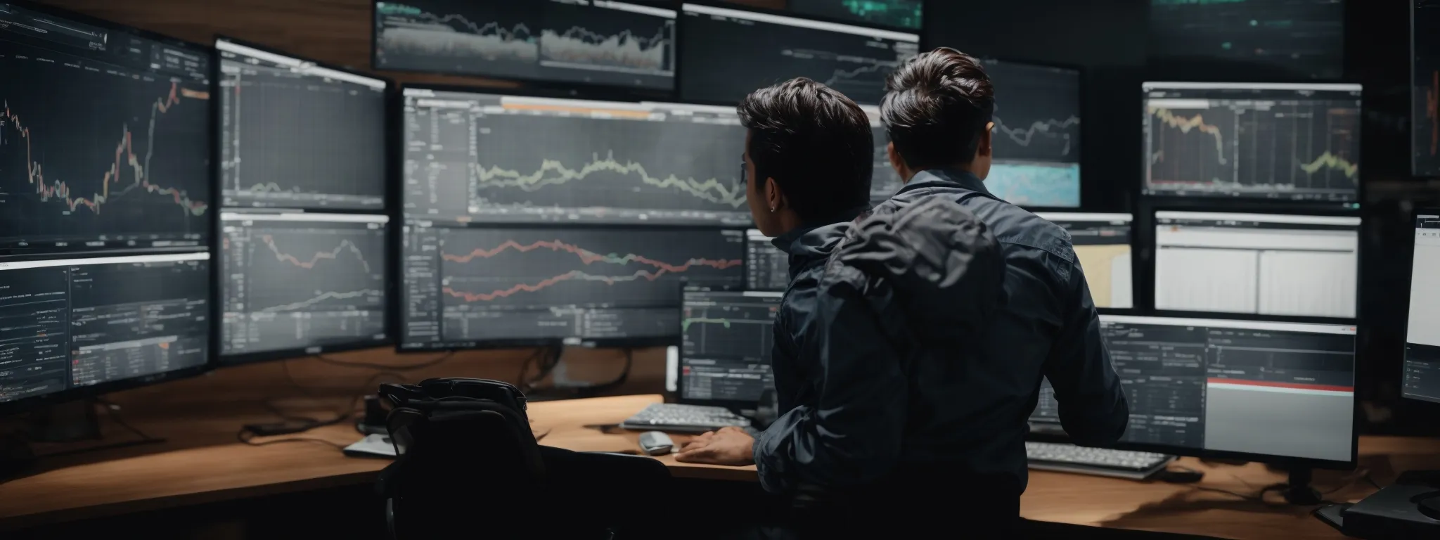 a marketer reviews expansive analytics dashboards on a computer screen, strategizing seo enhancements.