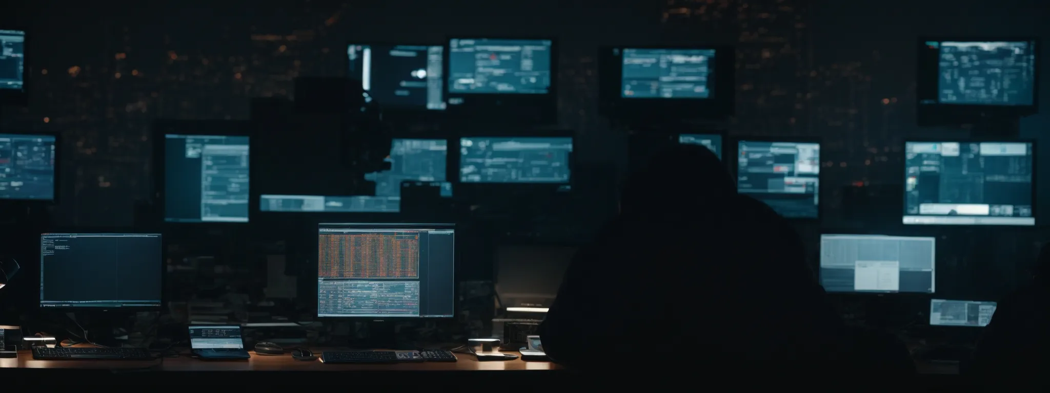 a figure in a dark room sits in front of multiple computer monitors, intently navigating through a complex network interface.