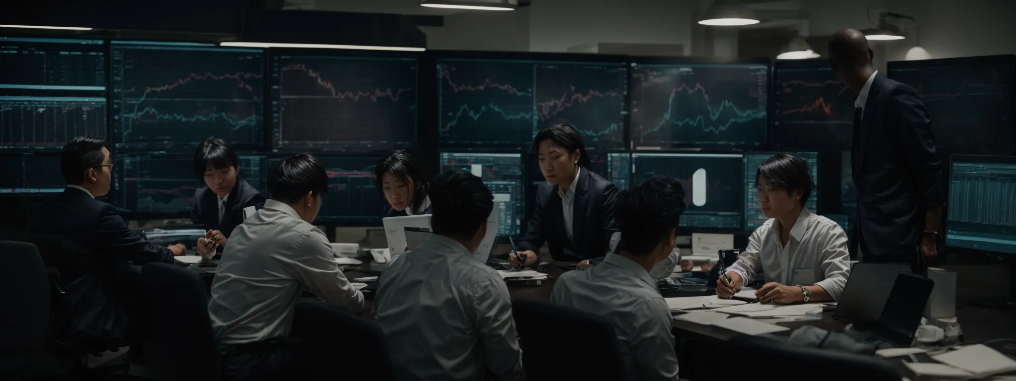 a team of professionals huddles around a computer screen, analyzing graphs and data trends.