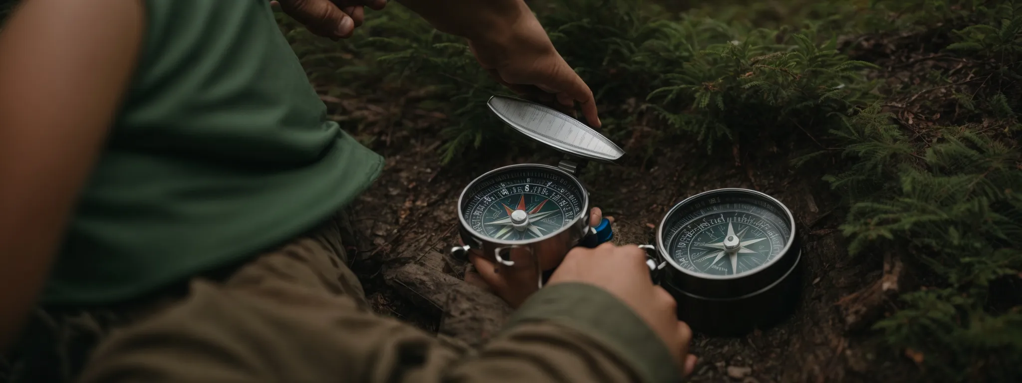 a hiker using a compass on a forest trail symbolizes the strategic navigation through the seo buyer journey.