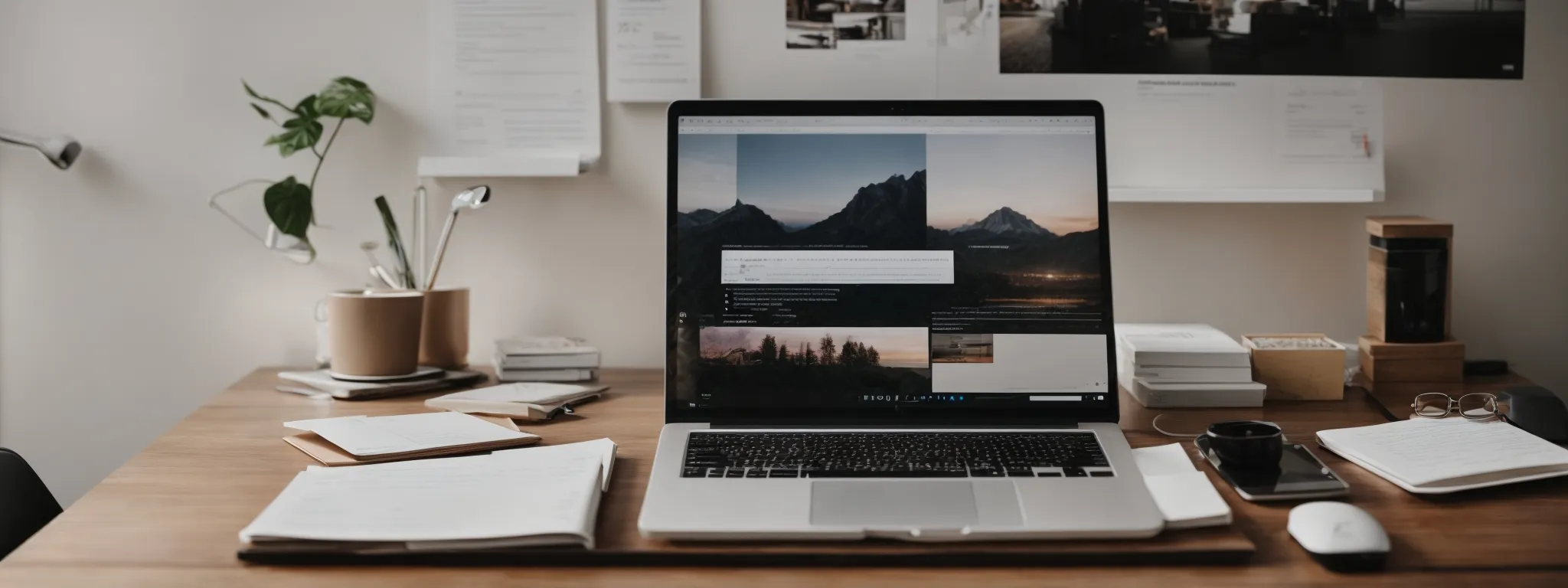 a minimalist office setup with a central laptop open on a content creation platform and surrounded by notes accentuating content strategy.