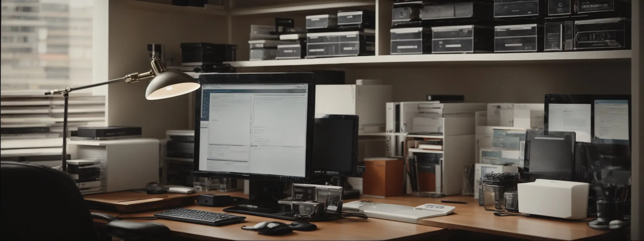 a neatly organized office space with a computer displaying a website layout on the screen.