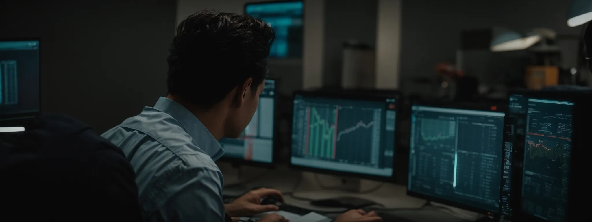 a professional at a computer examines complex analytics while adjusting marketing strategies.