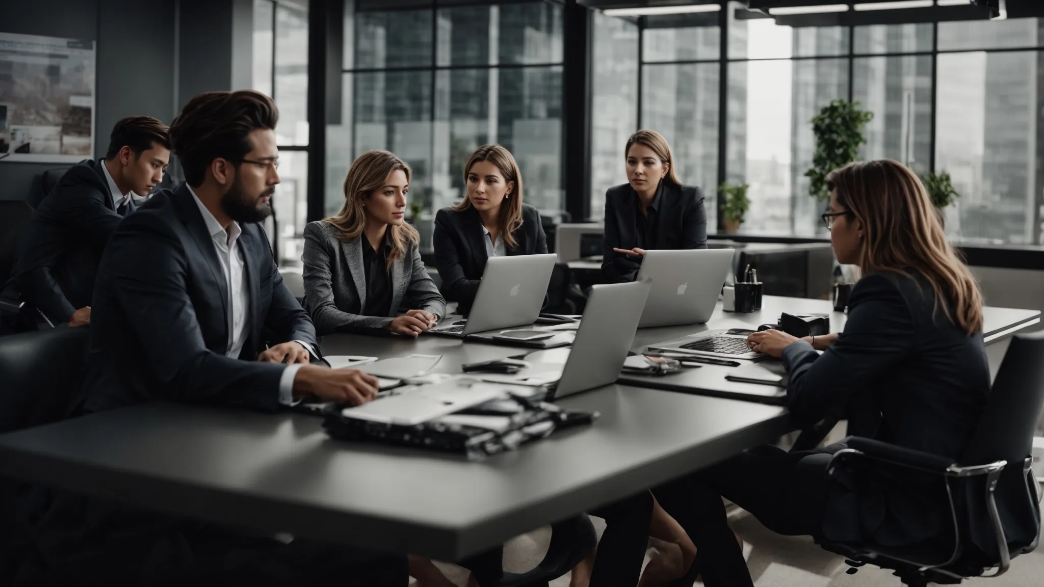 a team of professionals is gathered around a table with laptops discussing strategies in a modern office.