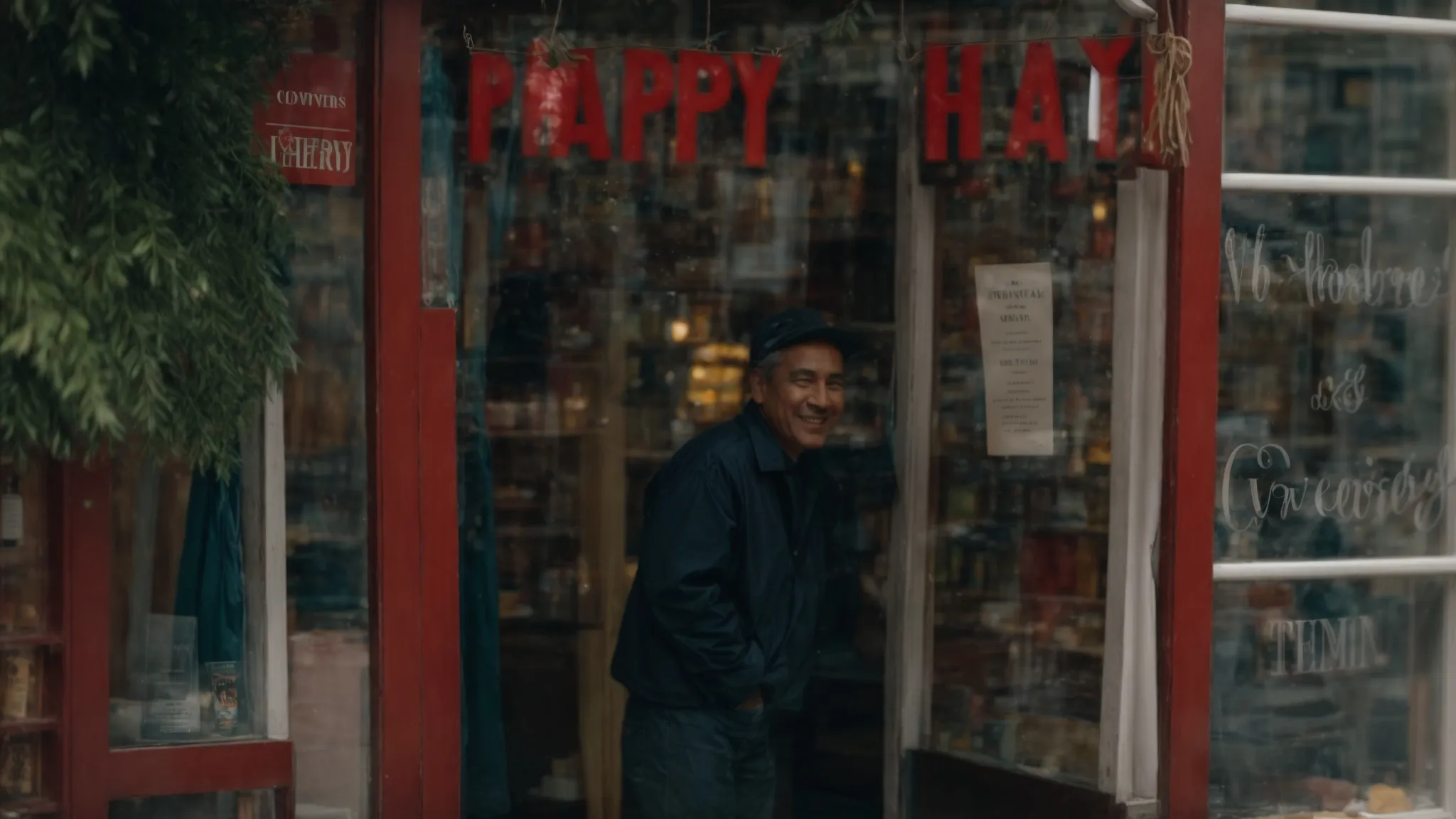 a happy shop owner hangs an "award winning" sign in the window of a bustling small-town boutique.