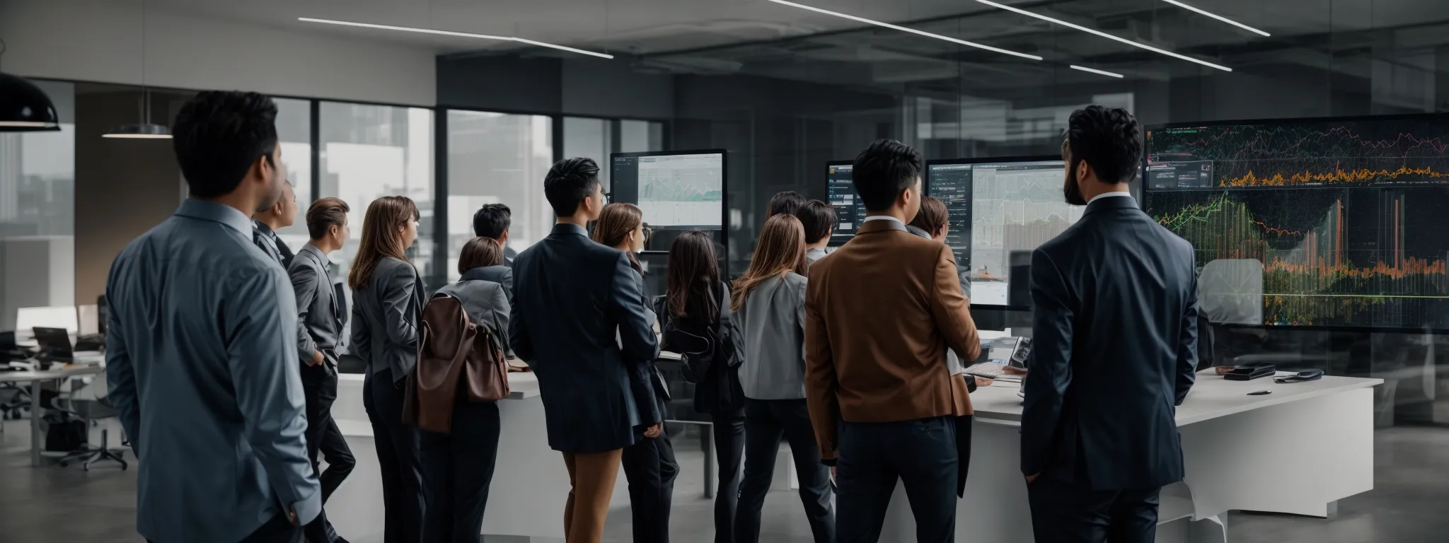 a group of professionals engaging with visual analytics on a large touchscreen in a modern office setting.