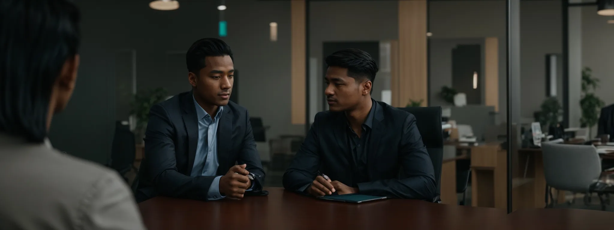 a job candidate and interviewer engage in a thoughtful conversation in a modern office setting, symbolizing the final stages of an interview.