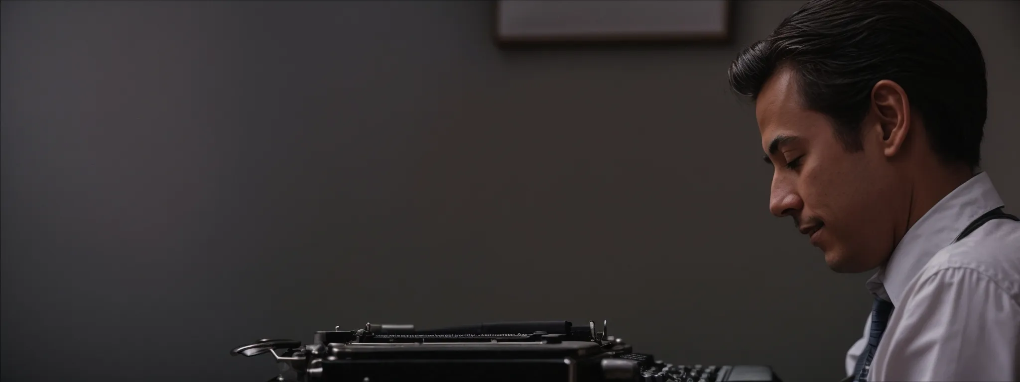 a journalist chuckles while typing on a vintage typewriter, pausing to ponder the next witty headline.