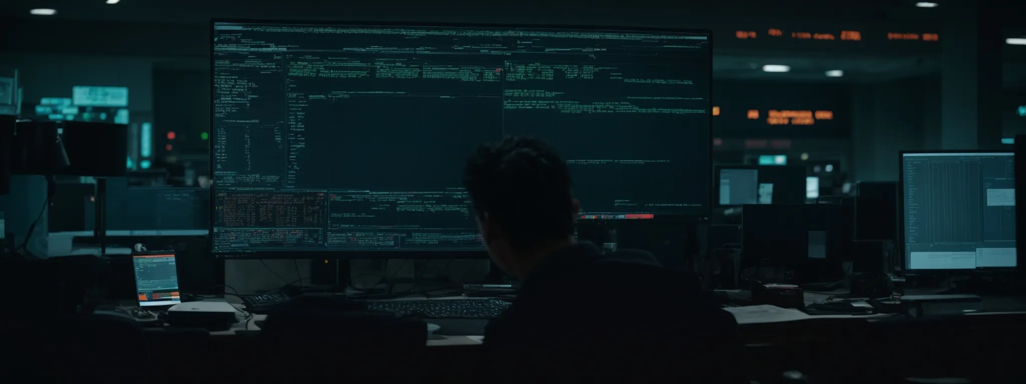 a person analyzes website metrics while executing commands in a terminal on a dual-screen computer setup.