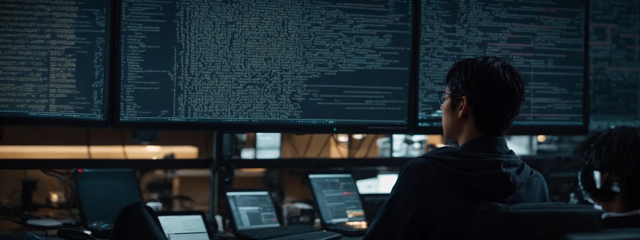 a person intently gazes at a computer screen filled with python code, with a background of graphs depicting website traffic analytics.