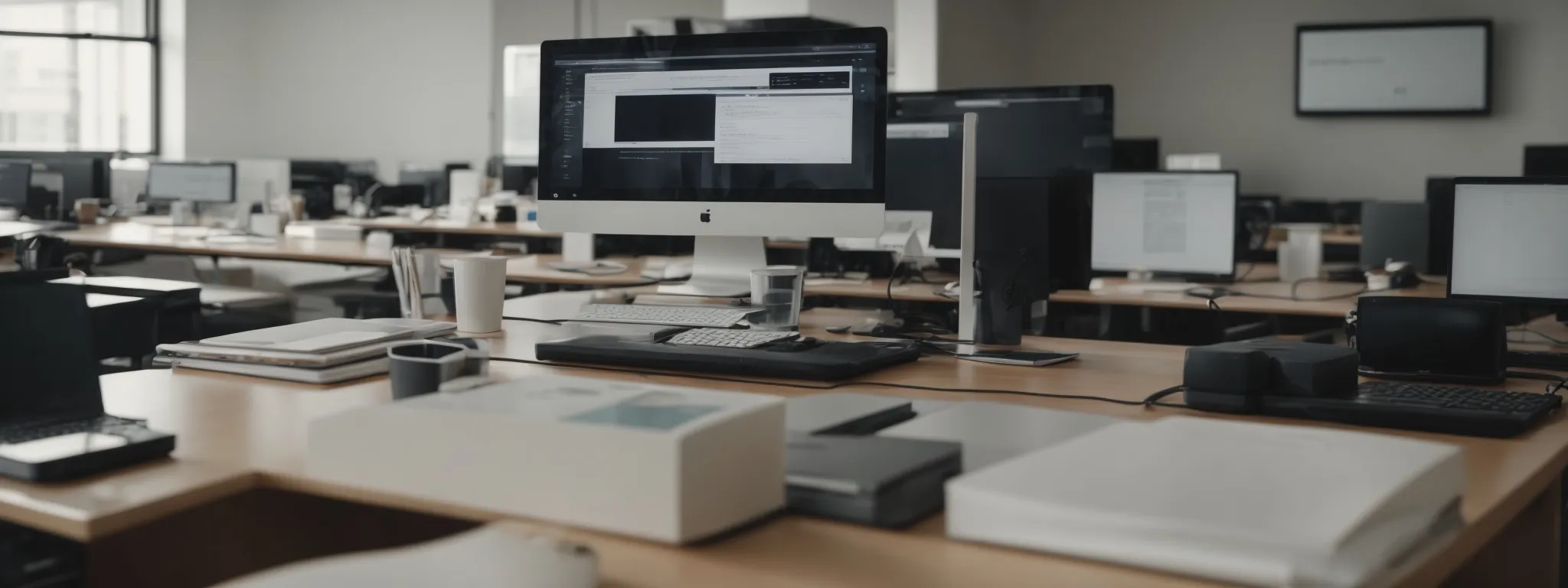 a simple, clean office space with a modern computer displaying a search bar on its screen.