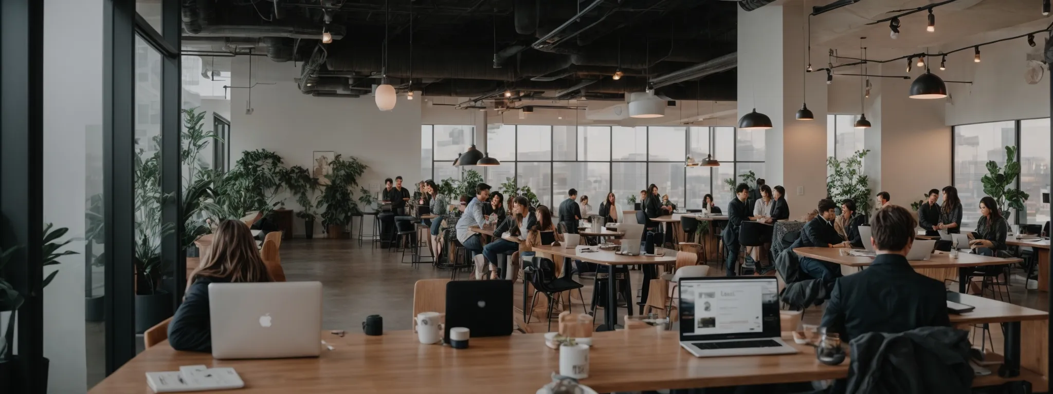 a panoramic view of salt lake city or provo with bloggers gathered around laptops in a trendy, open-plan coworking space.