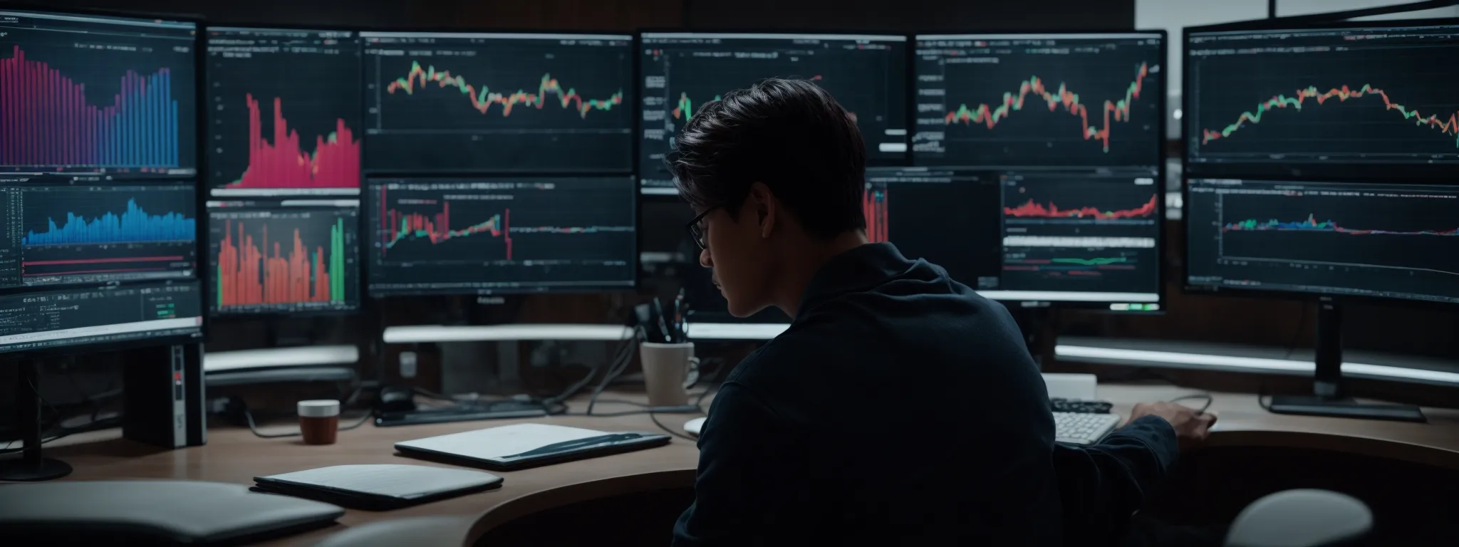 A person sits at a desk with multiple monitors displaying stock charts and financial data in a dimly lit office.