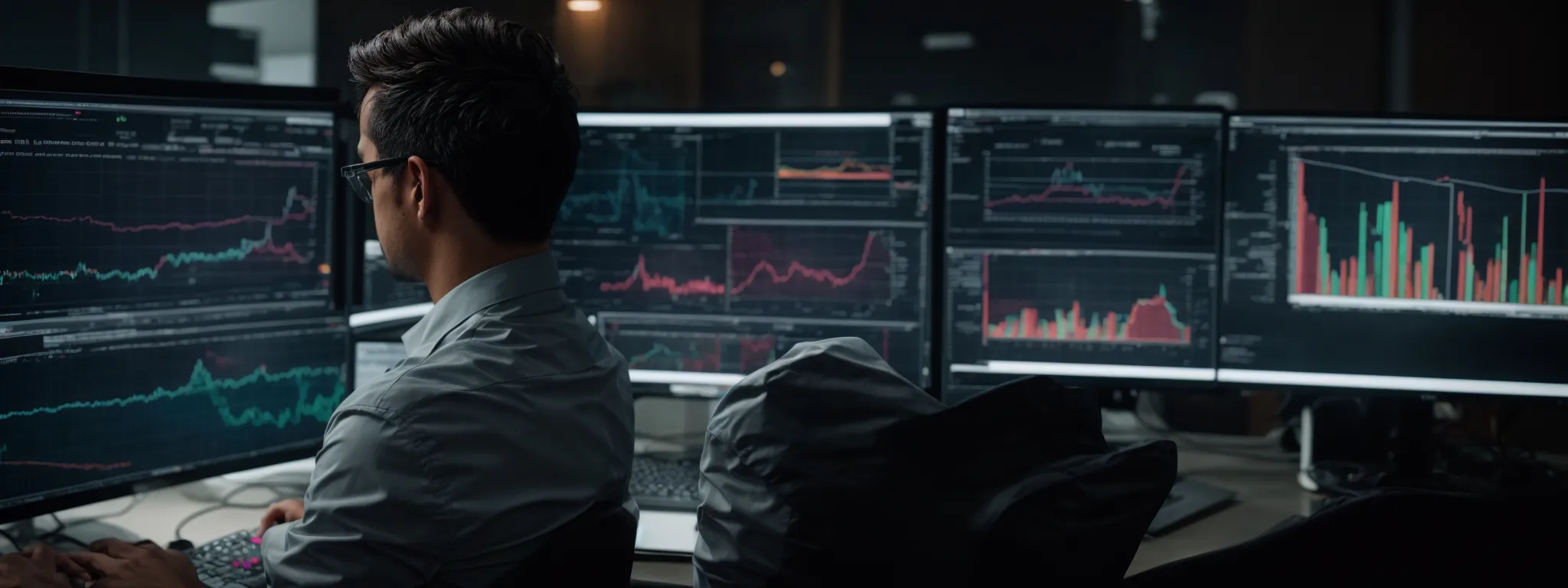 a marketer analyzing data on a screen displaying colorful graphs and conversion metrics.