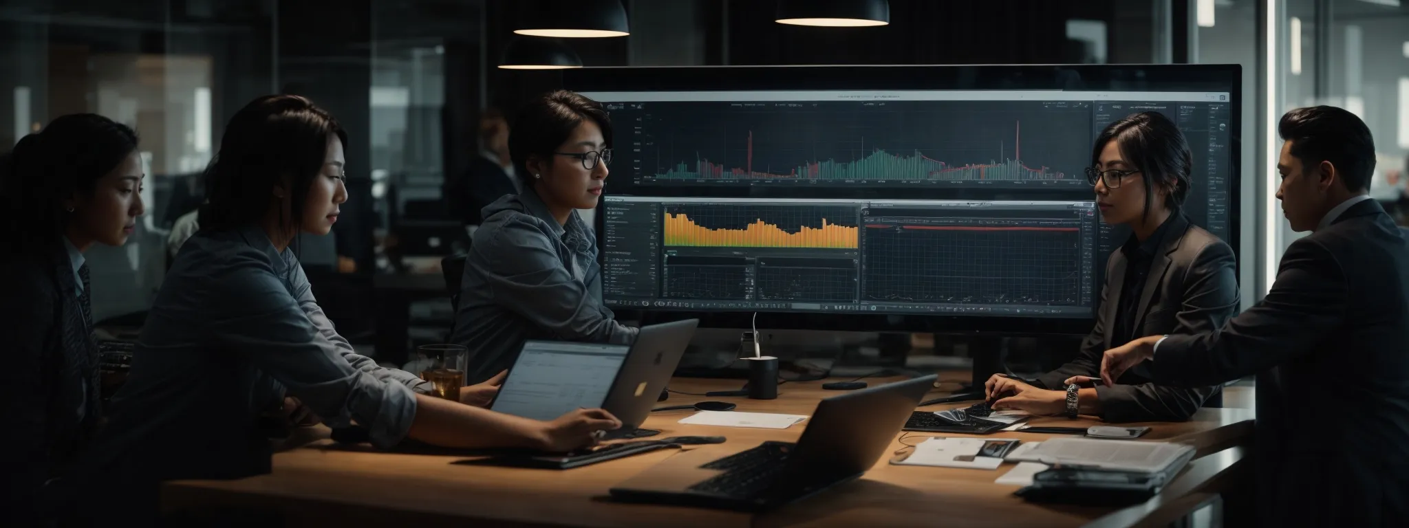 a professional digital marketing team reviews expansive graphs on a computer dashboard illustrating campaign performance metrics.