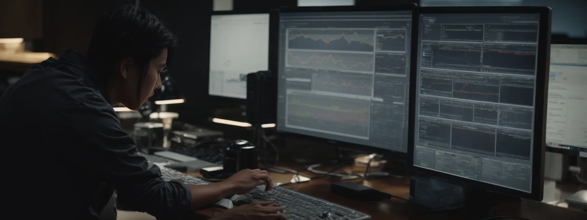 a person working on a computer with a clear, structured interface, analyzing website architecture and data organization charts.