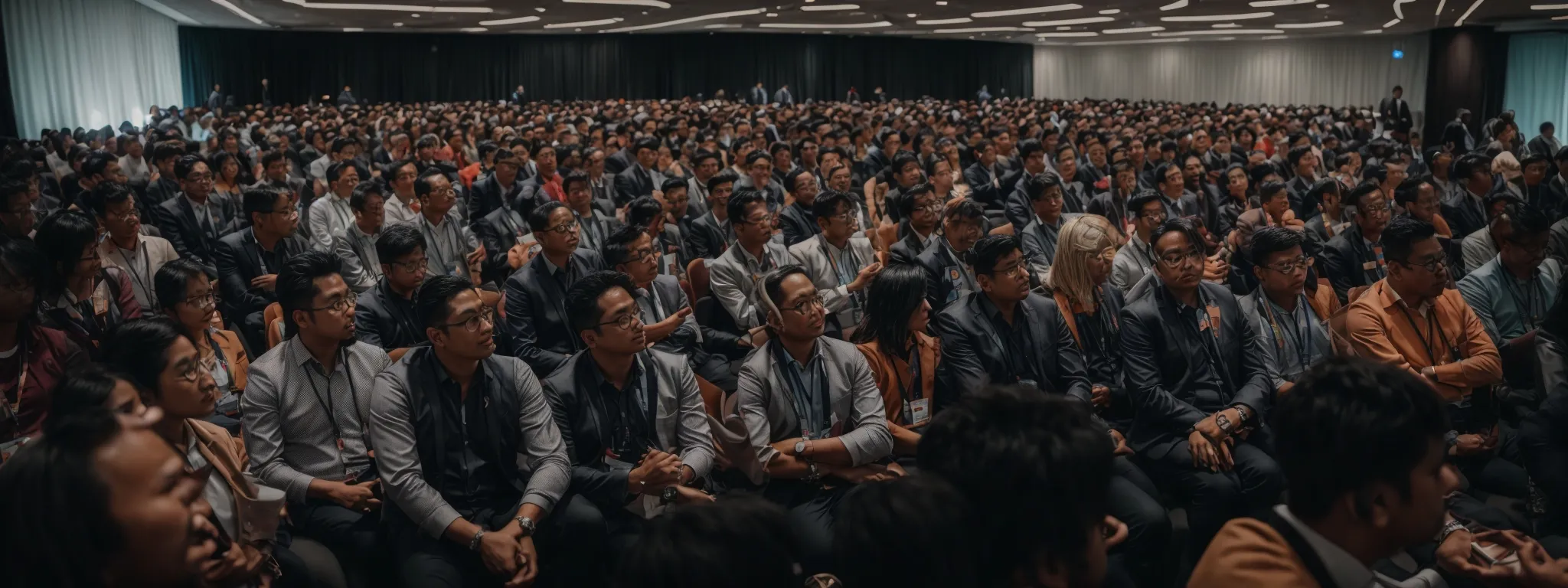a crowded digital marketing conference with experts discussing complex seo strategies.