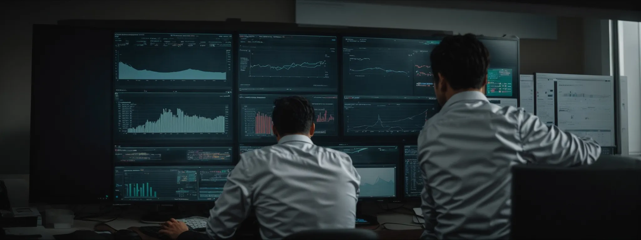 a person analyzing a comprehensive analytics dashboard on a large monitor in a well-lit office environment.