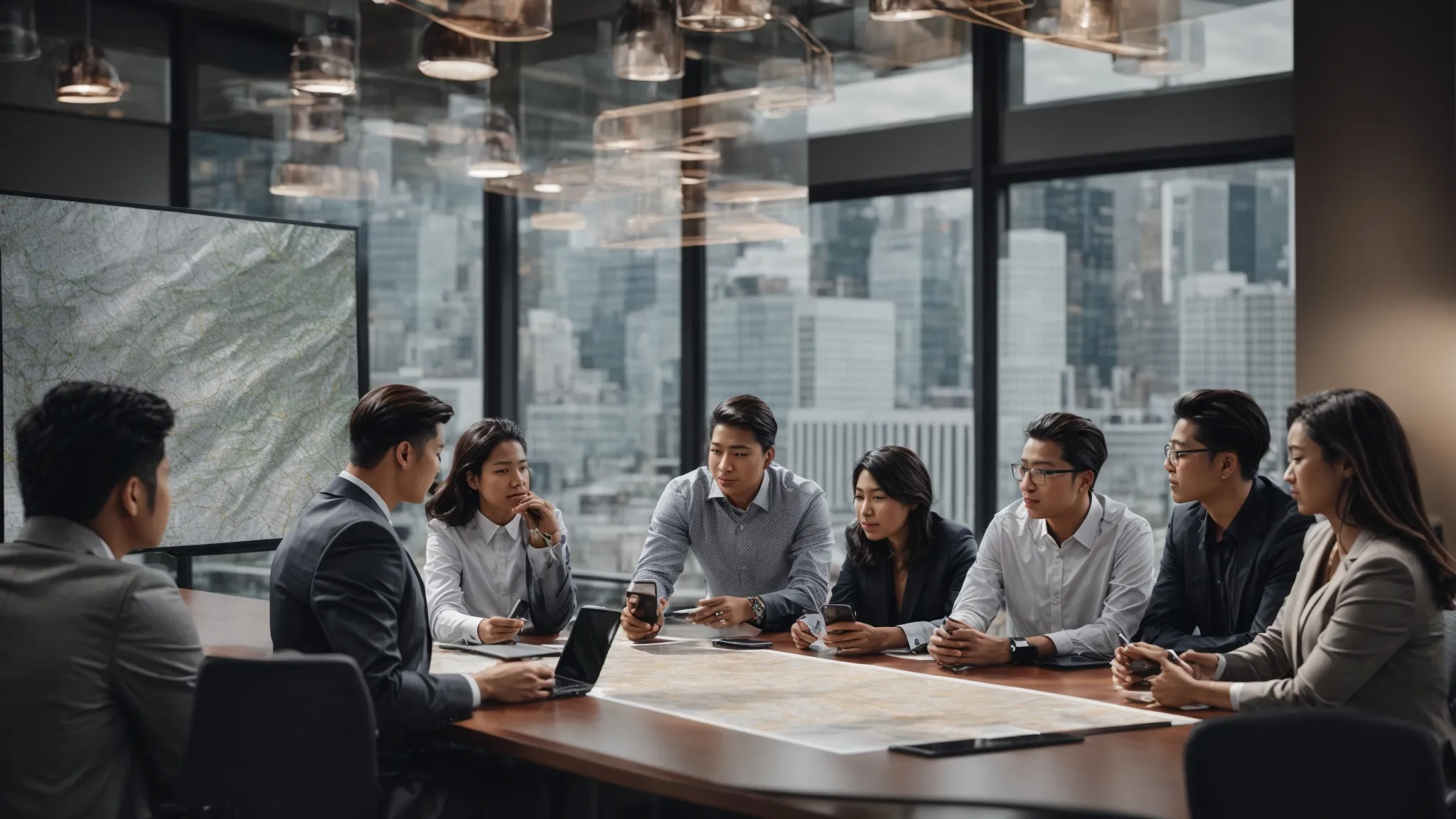 a group of people engaged in discussion around a conference table with a large city map and various digital devices, symbolizing strategic local seo planning.