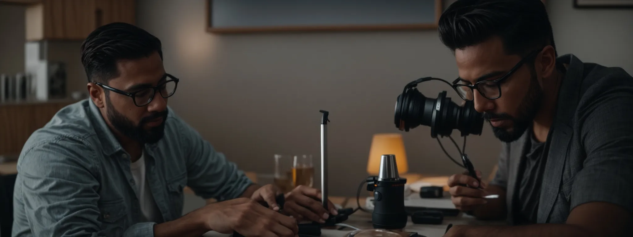 two marketing professionals recording a podcast, discussing strategies with a focus on a product on the table between them.