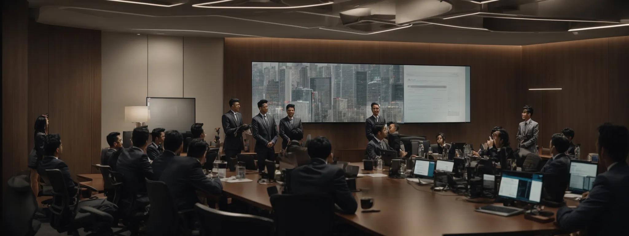 a conference room with a large screen displaying a website's structure, while developers gather around discussing optimization strategies.